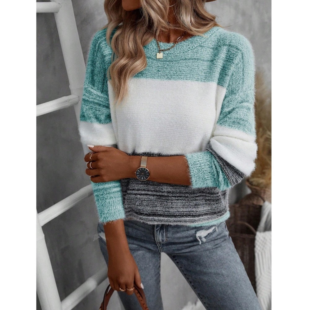 Fuzzy Knit Colorblock Green White Long Sleeve Sweater Pullover